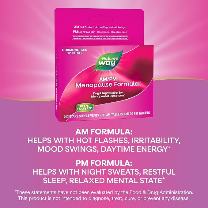 Nature's Way AM/PM Menopause Supplements for Women, Hot Flash Relief*, Night Sweats*, Restful Sleep*, Mood Swings*, Hormone-Free Formulas with Black Cohosh, Theanine, Valerian, 60 Tablets (Pack of 2)