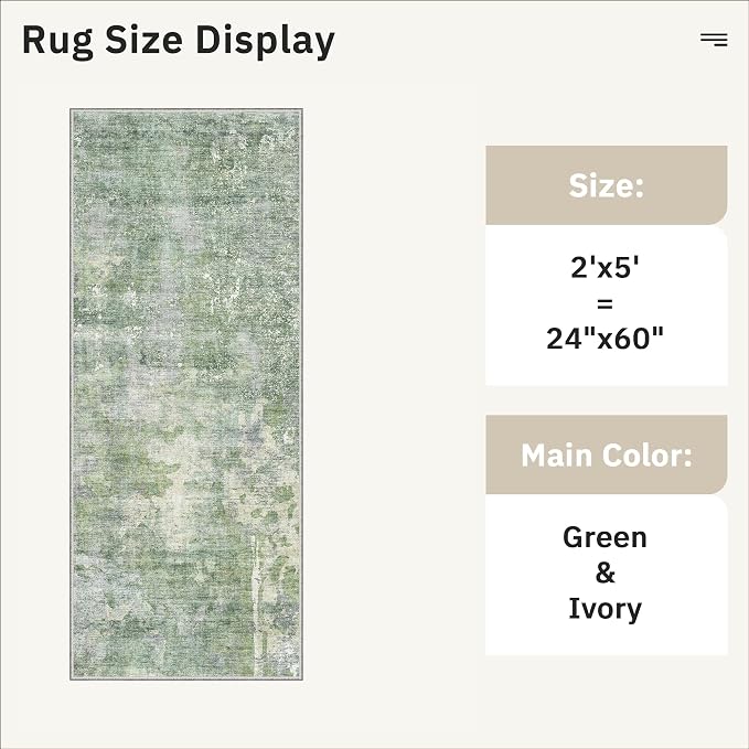 Soalmost Abstratc Runner Rug 2x5 Washable Kitchen Entry Runners Green/Ivory | Non-Slip Low-Pile Rugs for Bathroom Laundry Room, Vintage Foldable Floor Carpet Mat Hallway Entryway for Corridor Bedroom