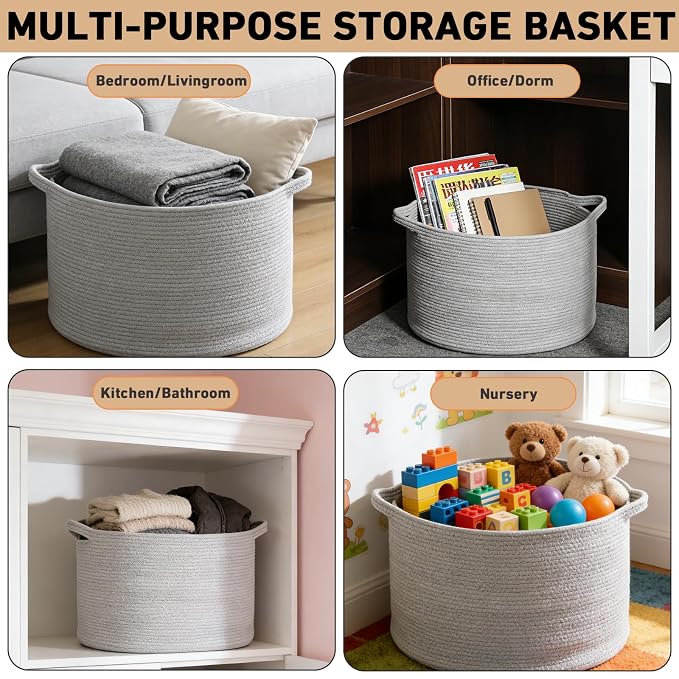 90L Extra Large Blanket Basket,Woven Rope Laundry Basket-Light Grey | Collapsible, reinforced handles, nursery storage bin organizes clothes, toys and pillows for living room, bedroom bathroom