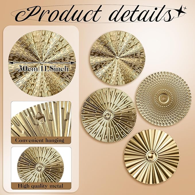 Hicarer 4 Pcs 12 Inch Gold Metal Wall Art Decor Modern Sunburst Hanging Artwork Decor Wall Decorations for Home Bedroom Bathroom Living Room Office Sculpture Gift