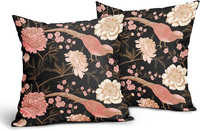 Flowers Birds Leaf Pillow Covers 16X16 Inch Set of 2 Pink White Roses Floral Decorative Pillow Cases Art Retro Black Gold Cotton Linen Cushion Case Vintage Home Decor for Sofa Couch Porch Outdoor
