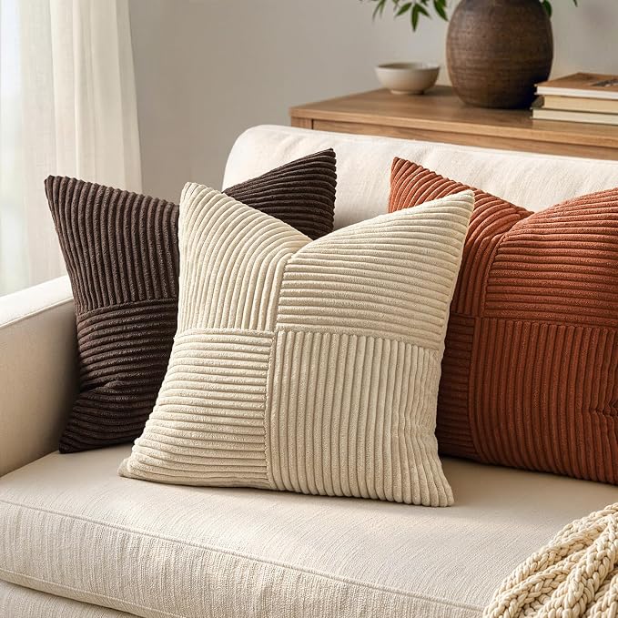 MIULEE Natural Beige Decorative Throw Pillow Covers for Couch 18x18 Inch | 2 Pack, Boho Farmhouse Pillow Covers, Soft Cross Corduroy Patchwork Textured Cushion Cases For Bed Sofa