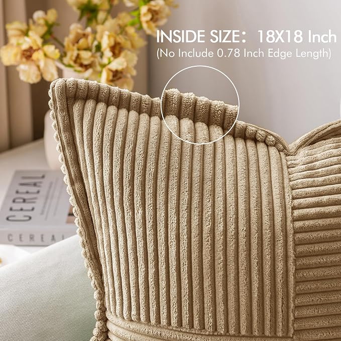 MIULEE Decorative Euro Sham Throw Pillow Covers 22x22 Inch Khaki 2 Pack | Boho Broadside Striped Patchwork Pillow Covers, Soft Corduroy Cushion Cases, For Bed Couch Sofa Livingroom Home Decor