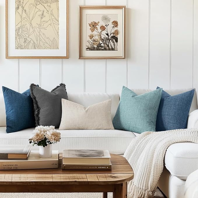 MIULEE Pack of 2 Decorative Linen Burlap Pillow Covers Farmhouse Boho Accent Pillowcases Modern Home Decor for Couch Sofa Bedroom Living Room 18x18 Inch Steel Blue