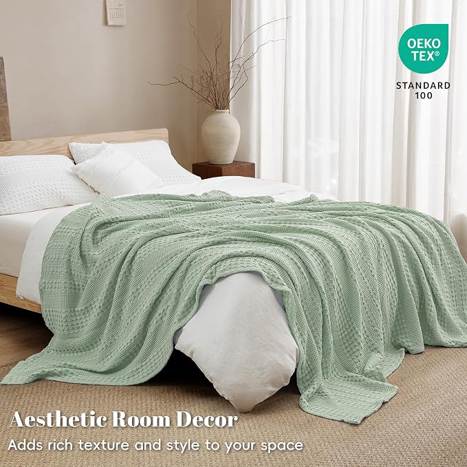 PHF 100% Cotton Waffle Weave Blanket King Size, Lightweight Breathable Summer Blanket for Hot Sleepers, Pre-Washed Soft Layer for Bed, Couch, Home Decor Gift, 108"x90", Mint Green