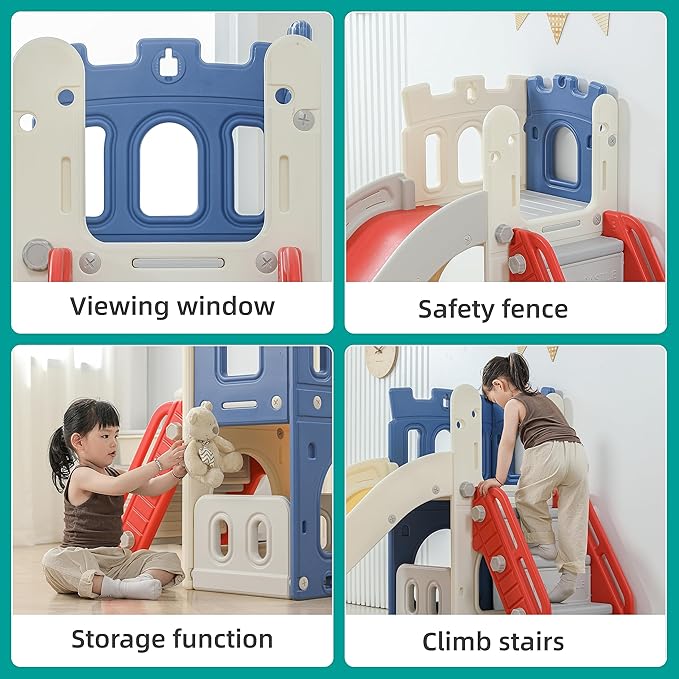 5 in 1 Toddler Slide, Extra-Long Kids Slide for Toddlers Age 1+ with Basketball Hoop and Ball, Storage Space, Indoor Outdoor Slide Playset Toddler Playground Climber Playset, Colourful