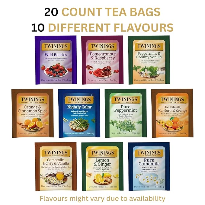 Twinings Herbal Caffeine-Free Tea Bags Sampler, Assortment Variety Pack (20 Count) 10 Different Flavours for Tea Lovers: Her, Him, Women, Men, Couples, Family, Friends, Coworkers