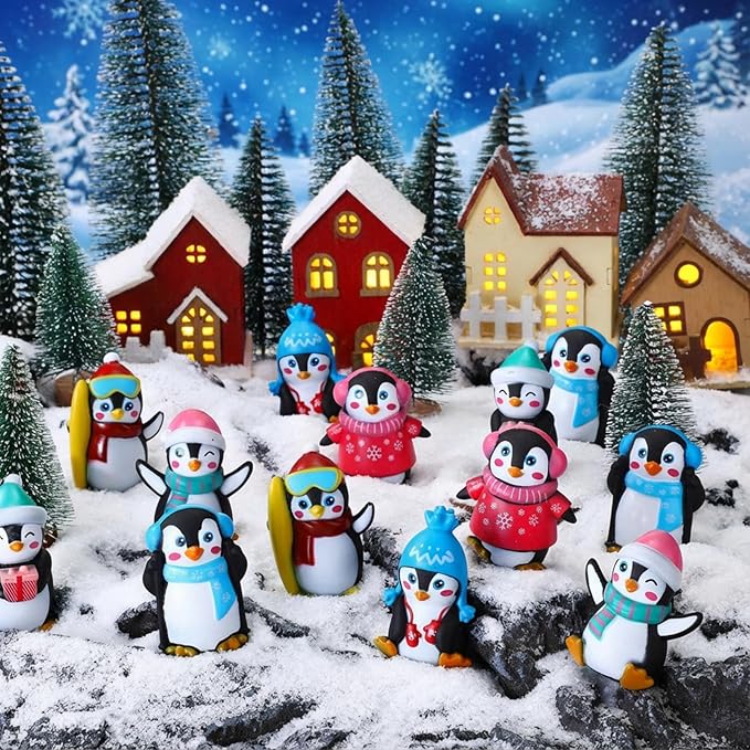 Realspring 24 Pcs Rubber Penguin Valentines for Class Bulk Glow in The Dark Winter Penguin Bath Toy Floating Rubber Animals Cute Cake Topper Gifts for Kids Classroom, Home Car Dashboard Decor (Black)