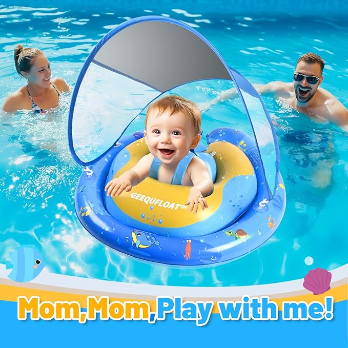 Extra Wide Toddler Pool Float,Anti-Rollover Design Infant Swim Float,Baby Floaties 6-12 Months,Baby Float with Canopy Removable UPF50+ Sun Protection,Adjustable Safety Seat,Toddler Floaties (Blue)
