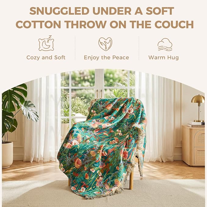 LUTBM Cotton Boho Blanket for Bed, Queen Soft Lightweight Reversible Quilt | 90"x90" Floral Embroidery Blankets, All-Season Bedspread, For Chair Sofa Couch Bedroom Living Room Decor, Breathable Gauze