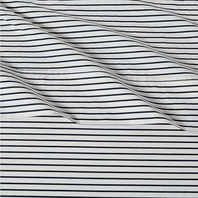 Amazon Basics 100% Organic Cotton Kids' Sheet Set with Pillowcase, Deep Pockets, Certified for Safety, Softer with Each Wash, Queen, Navy Stripe