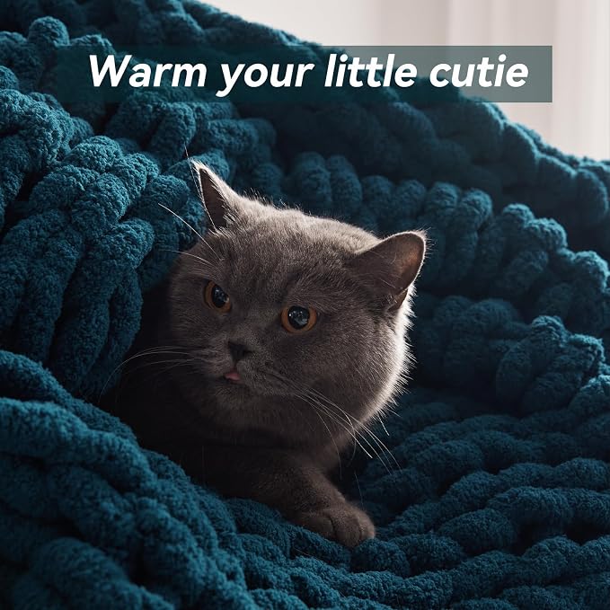 Negwoo Chunky Knit Throw Blanket, Knitted Throw Chenille Yarn, 50"*60" | Soft Thick Cable Knitted Blankets, Handmade Big Thick Blanket,Machine Washable Cute Comfy Blanket for Home Decor,Peacock blue