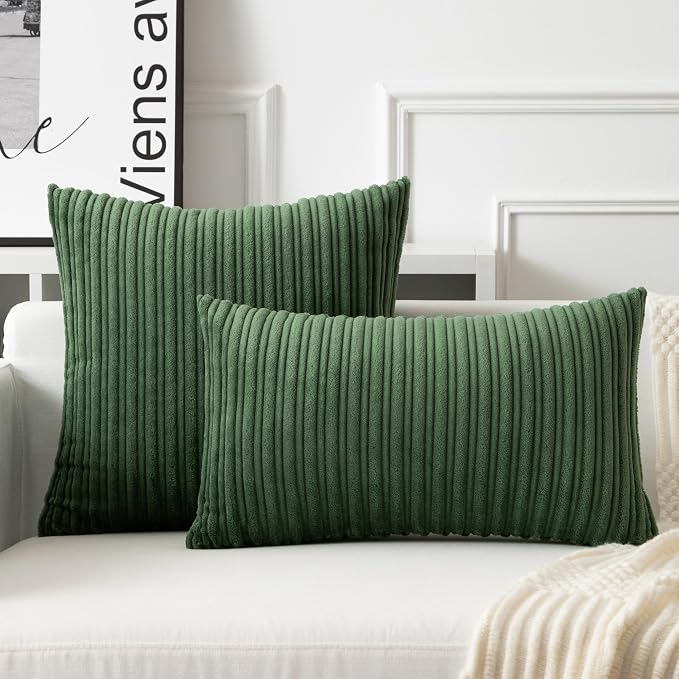 UGASA 12x24 Inch Pillow Cover Pack of 1 Soft Boho Stripe Corduroy Long Rectangular Lumbar Cushion Cover Farmhouse Decorative Throw Pillowcase for Bed, Couch, Sofa, Bedroom, Living Room, Moss Green