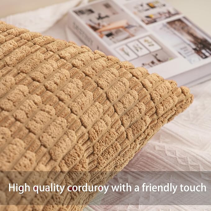 Aegero Pack of 2 Corduroy Decorative Throw Pillow Covers 18x18 Inch, Coffee | Fall Soft Striped Pillow Covers Modern Farmhouse Home Decor Christmas Throw Pillow Covers for Sofa Living Room Couch Bed