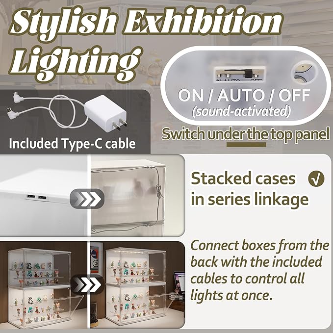 Clear Display Case for Collectibles, 3-Tier Adjustable Figure Display Case with LED Light, Stackable Acrylic Showcase with Magnetic Door for Model Figures, Jewelry & Collectibles (White)