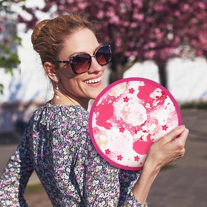 Gejoy 24 Pcs Foldable Fan Japanese Foldable Fan Style Summer Flower Handheld Round Folding Flying Disc for Women Man Daily Use Festival Wedding Party Favors Decorations Portable, 8 Style