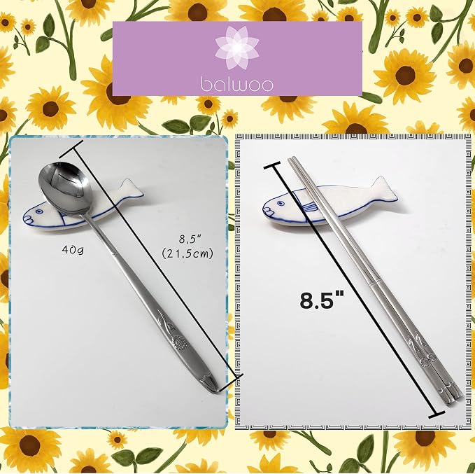 [5 Sets][Made in Korea] Sticky Korean Style Rice Spoon Chopsticks Set 430 Stainless Steel Soup Spoon Ramen Noodle Chopsticks Flatware (Sunflower)