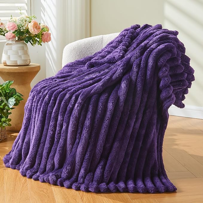NEWCOSPLAY Super Soft Twin Blanket Purple Premium Silky Flannel Fleece 3D Ribbed Jacquard Lightweight Bed Blanket All Season Use (Purple Ribbed, Twin(60"x80"))