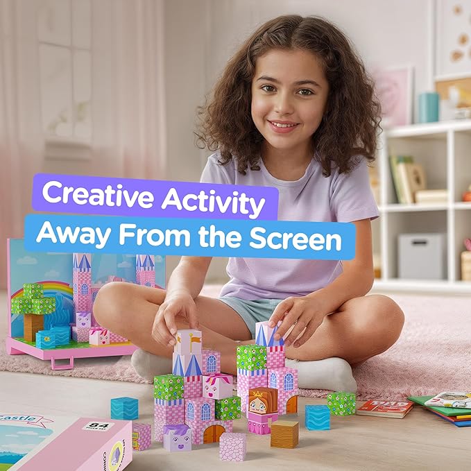 Gift-Ready Magnetic Building Blocks for Kids, Magnet Cubes — Princess Castle Toy Building Sets with Magnetic Storage Board — 84-Piece Pixy Stacking STEM Building Toys for Boys & Girls Ages 3 to 12