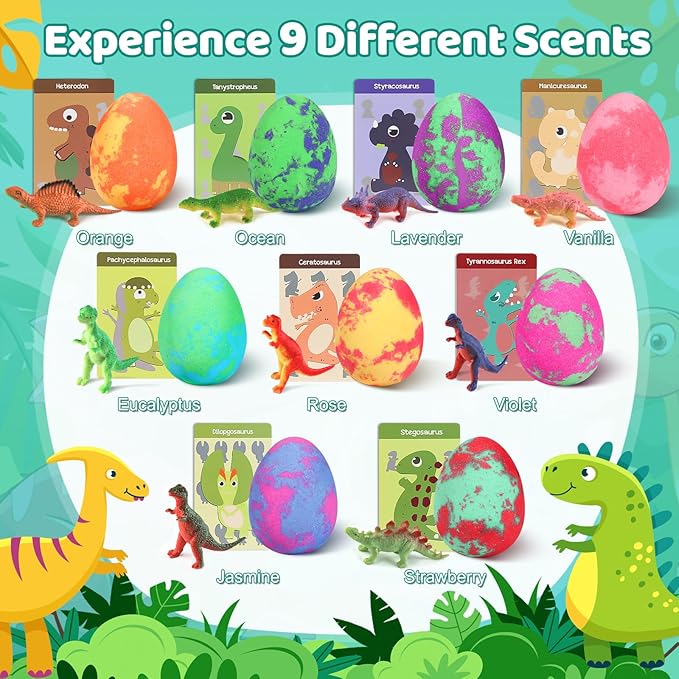 Bath Bombs for Kids with Surprise Toys Inside - 9 Pack Dinosaur Bath Bombs Gift Set, Dinosaur Toys for Kids 3 4 5 6 7 8 9 Years, Valentines Day Gifts for Kids, Easter Gifts Bubble Bath Fizzes
