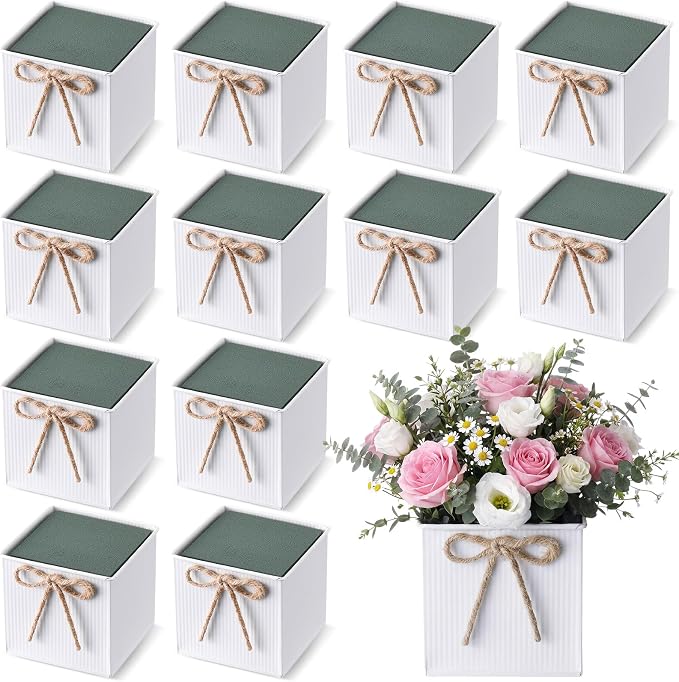 12 Pack Galvanized Square Vases with Floral Foam, 3.5 inch Waterproof Rustic Tin Buckets with Twine Bows, Mini Farmhouse Metal Planter Centerpieces for Wedding Party Table Decor(White)