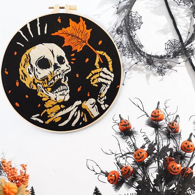 Crafmanoe Halloween Gothic Embroidery Starter Kit for Beginners Adults, Skull Skeleton Stamped Cross Stitch Kits for Beginners Adults, Funny Fall Hand Embroidery Needlepoint Kits with Video Tutorial