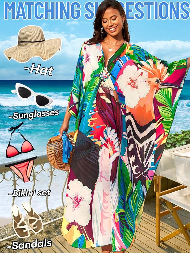 ChiaoLezhee Print Moo-Moos for Women, Kaftan Cover-Up Dresses, Sexy V-Neck High-Slit, Beach Pool-Party Coverups Muumuu Plus