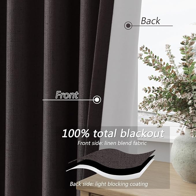 Guken 100% Blackout Curtains 84 Inch Length 2 Panels Set for Living Room Bedroom Back Tab Thermal Insulated Black Out Linen Drapes Room Darkening Cocoa Coffee,52x84