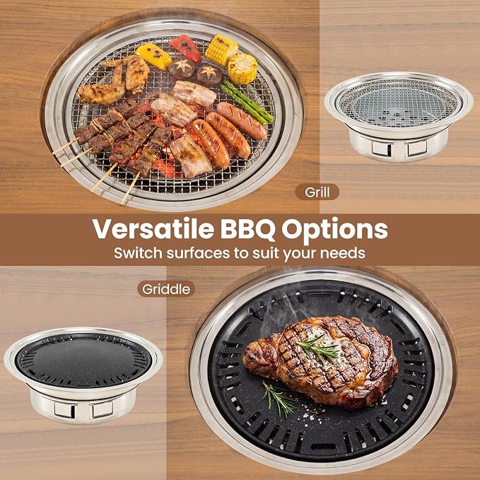 HAPPYGRILL Outdoor Grill Cart with Foldable Side Panel, 2 Storage Shelves | Movable Food Prep Table with Korean BBQ Charcoal Grill, Outside Pizza Oven Table for Patio Backyard Cooking BBQ