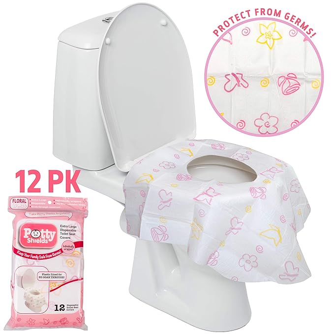 Toilet Seat Covers Disposable (12 Pack, Floral) - XL Waterproof Toilet Cover for Toddlers, Kids & Adults - Portable & Individually Wrapped for Travel, Potty Training & Public Restrooms