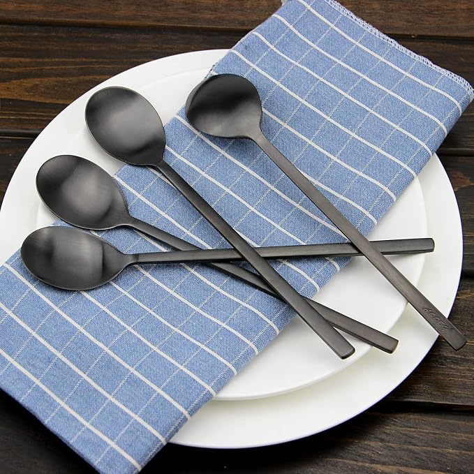 IQCWOOD Korean Soup Spoon Stainless Steel, 8.5 Inch 8-Piece Black | Long Handle Korean Dinner Tablespoon for Eating Asian Metal Home Kitchen or Restaurant