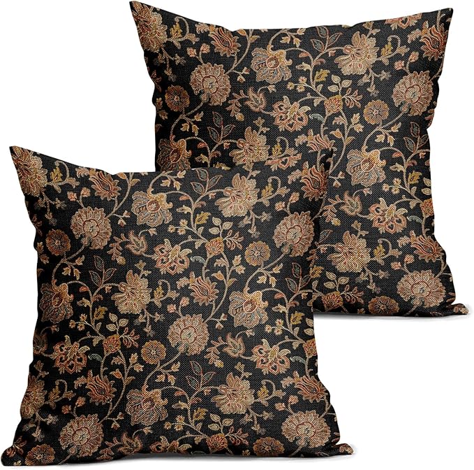 Black Brown Floral Pillow Covers 20X20 Inch Set of 2 Vintage Boho Carpet Flowers Decorative Pillow Cases Leaves Plant Cotton Linen Cushion Case Farmhouse Home Decor for Sofa Couch Living Room