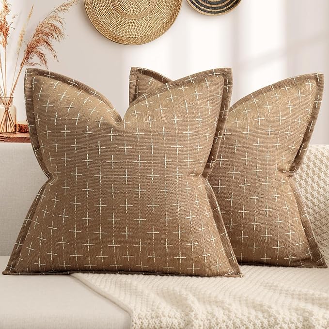 Throw Pillow Pillow Covers 20x20 Set of 2 Soft Polyester Textured Pillow Covers with Stylish Flange Edge Cozy Farmhouse Throw Pillows for Couch Bed Sofa Living Room