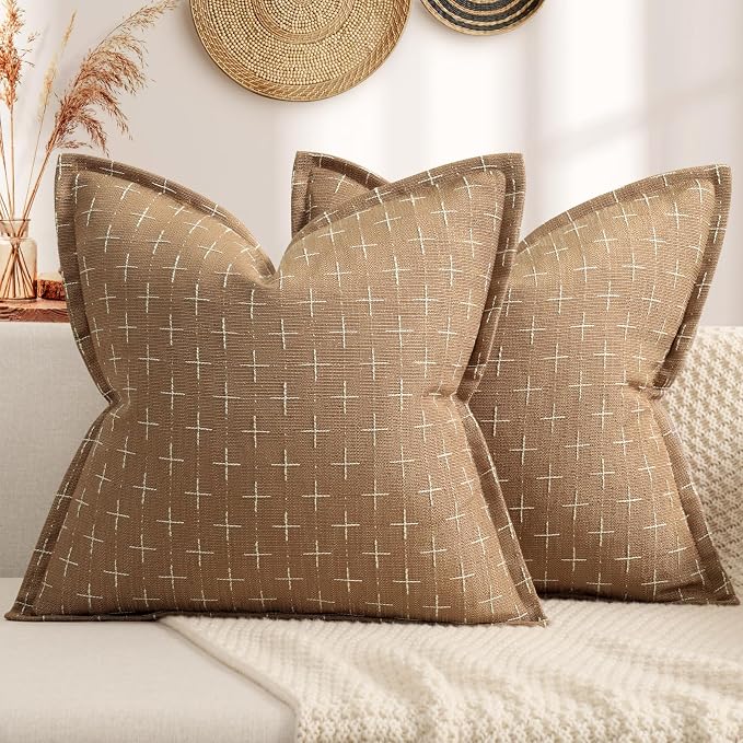 Throw Pillow Pillow Covers 18x18 Set of 2 Soft Polyester Textured Pillow Covers with Stylish Flange Edge Cozy Farmhouse Throw Pillows for Couch Bed Sofa Living Room Camel