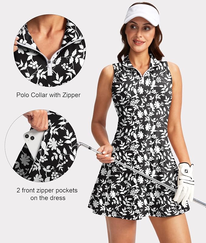 Viodia Women's Tennis Golf Dress with Shorts | Active, Exercise, Workout, Sports, Athletic, Dresses for Women, with Zipper Pockets