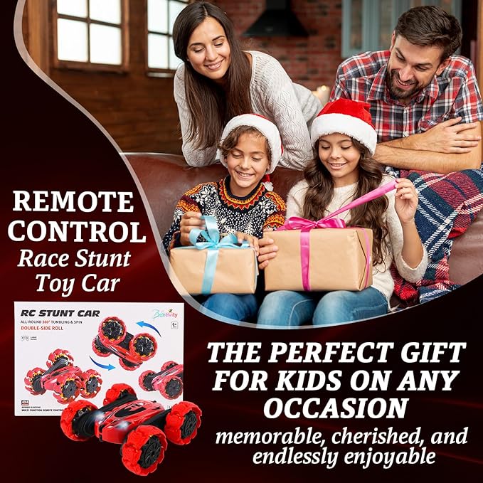 Remote Control Car, New Upgraded Double-Sided 360° Rotating RC Toy Cars with LED Headlights, 2.4GHz Rechargeable Electric Race Stunt Car with 4WD, Best Gift for 6-12 Year Old Boys and Girls (Red)