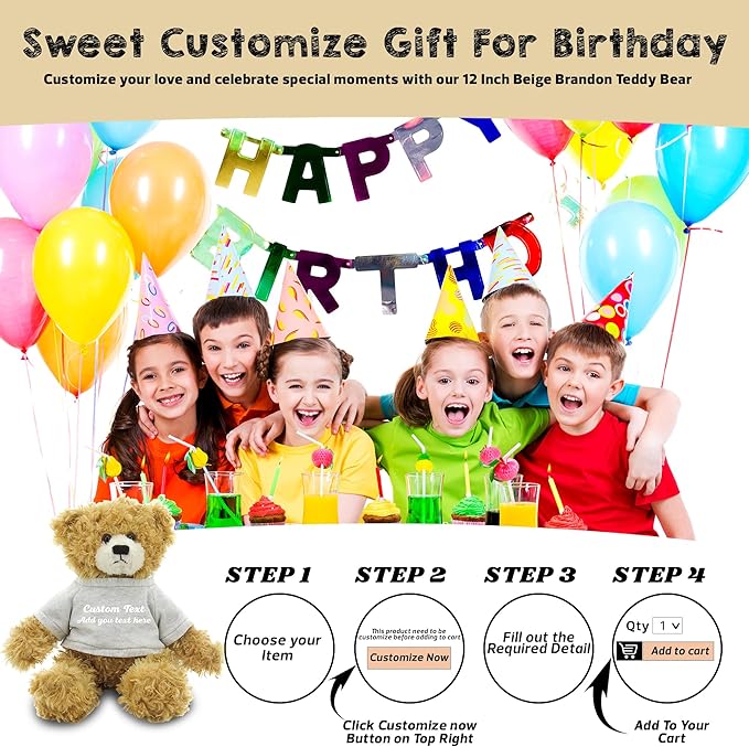 Customized Beige Brandon Bear - 12 inch Personalized Stuffed Bear Plush Toy - Perfect Custom Shirt Bear Gift for Graduation Valentines Graduation Easter Holidays (Gray Shirt)