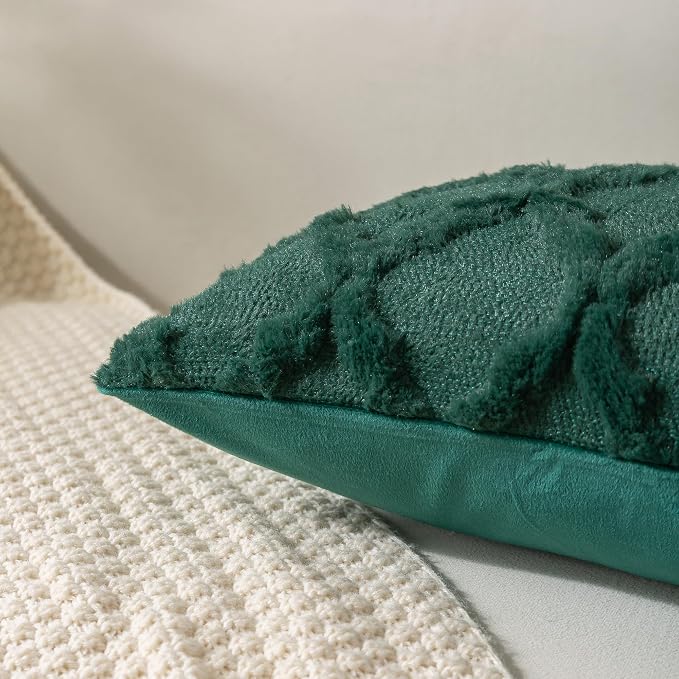 Set of 2 Soft Moroccan Throw Pillow Covers 16x16 Inch Plush Boho Decorative Pillow Cover Accent Cushion Case for Couch Sofa Bed, Dark Green