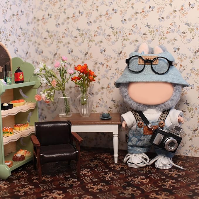 6 Piece 17cm Doll Clothes, Outfit Set with Accessories for 17cm Dolls, Denim Style Outfit Set with T-Shirt + Denim Overalls + Canvas Sneakers + Denim Hat + Mini Camera + Glasses, No Doll Included