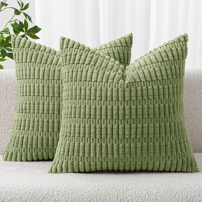 MIULEE Corduroy Decorative Throw Pillow Covers 18x18 Sage Green Pack of 2 | Soft Boho Striped Pillow Covers Modern Farmhouse Home Decor For Sofa Living Room Couch Bed