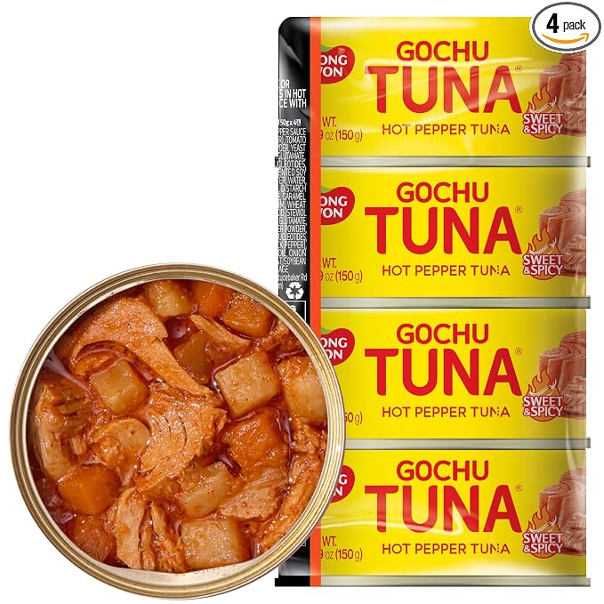 Dongwon Spicy Korean Canned Tuna – No Draining, High Protein | Firm Wild-Caught Skipjack Flakes in Hot Pepper Sauce with Vegetables, Ready to Eat, 5.3oz (150g) per Can, 4-Pack, Made in Korea