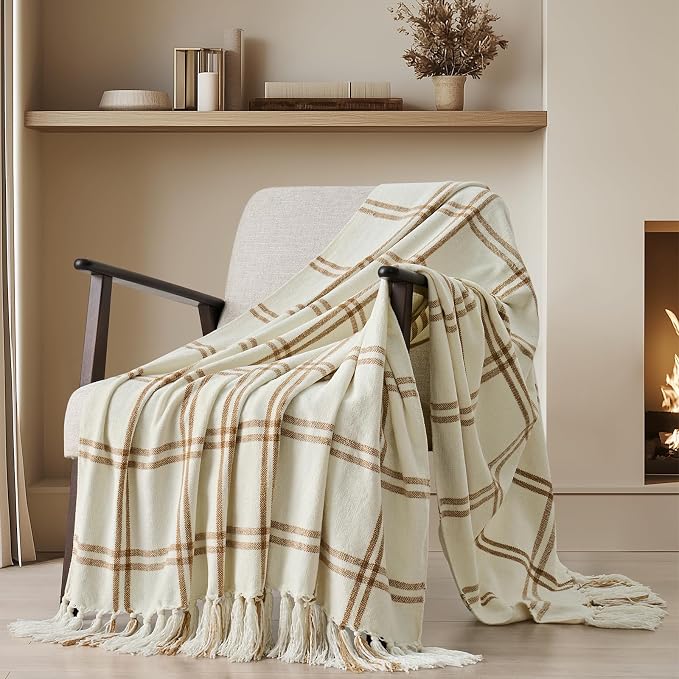 Plaid Chenille Knit Throw Blanket, 50"x60", Cream & Beige | Soft Knitted Throw with Tassels, Cozy, Lightweight, Windowpane Grid Plaid, Decorative Farmhouse Throw for Couch Bed Sofa Gift