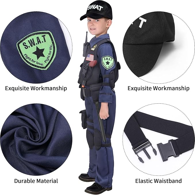 Latocos 15 PCS SWAT Police Officer Costume for Kids with Vest Accessories Cop Dress Up Role Play Set for Halloween Cosplay