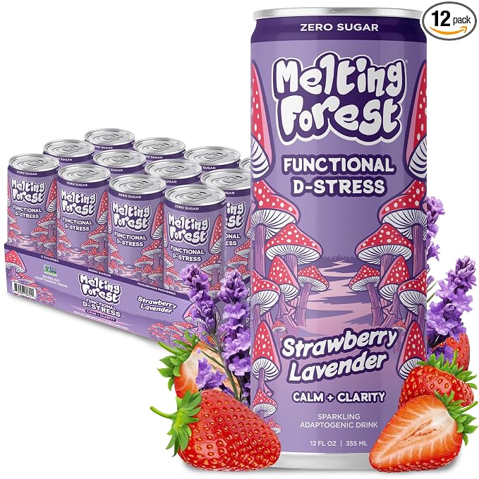 Melting Forest Functional Mushroom D-Stress - Adaptogen Drink w/L-Theanine, Reishi, Lion's Mane & Magnesium - Relaxation Drinks for Stress Relief - 0 Sugar, 5 Calories - Strawberry Lavender (12-Pack)