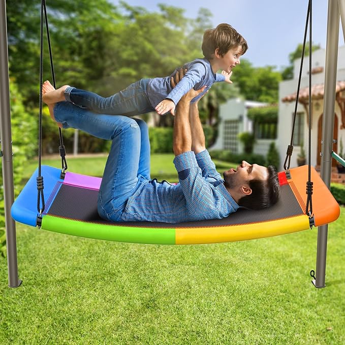 Trekassy Swing Sets for Backyard, 440lbs Heavy Duty A-Frame Metal Stand with 60" Large Platform Swing for Outdoor Playground Park（Green/Tan Frame + Rainbow Swing）(Patented)