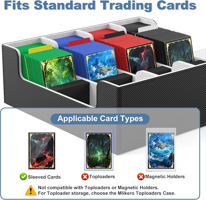 Mlikero Card Deck Case, 2400+ Trading Card Storage Box with 10 Colorful Dividers and 4 Foam Stoppers, Leather Magnetic Closure Commander Deck Box Fit for MTG, TCG (4 Rows, Black&Grey)