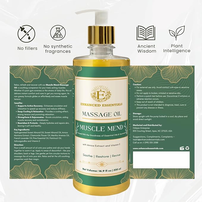 Muscle Mend| Muscle Recovery Massage Oil with Arnica, Ashwagandha & Essential Oils| Soothing,Non-Greasy, Fast-Absorbing| Use Post-Workout or Bedtime | 500ml (16.9 fl oz)