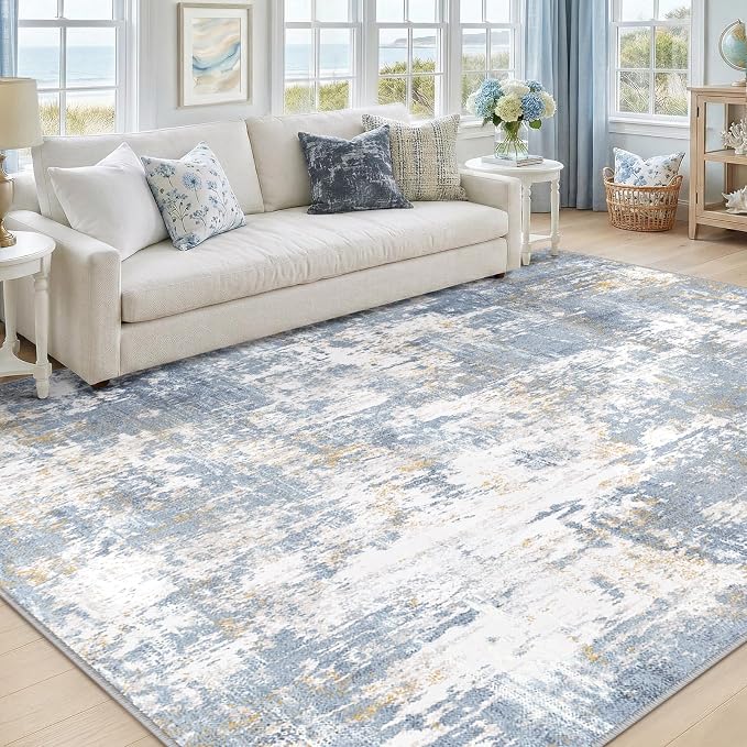 RELEANY Washable Area Rugs 6'x9' Non-Slip Modern Abstract Soft for Living Room Entryway Bedroom Kitchen, Print Pattern, Light Blue