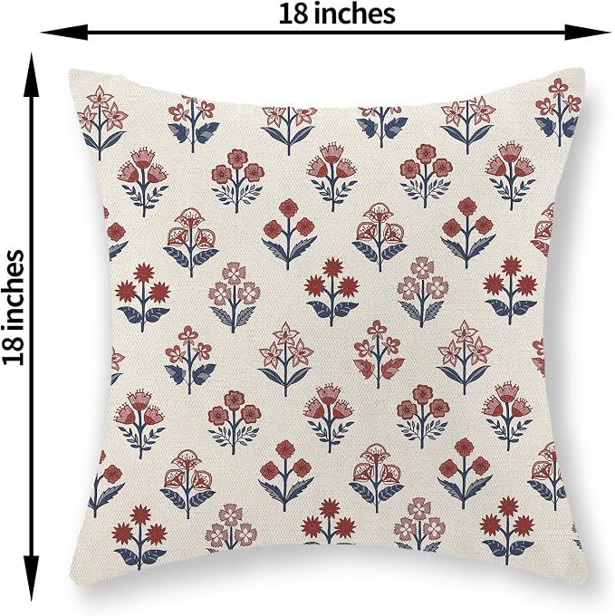 Red Blue Pillow Covers 18x18 Inch Set of 2 Patriotic 4th of July Throw Pillows Vintage Flower Boho Block Print Floral Decorative Pillow Cases Outdoor Linen Cushion Cover for Couch Sofa Decor