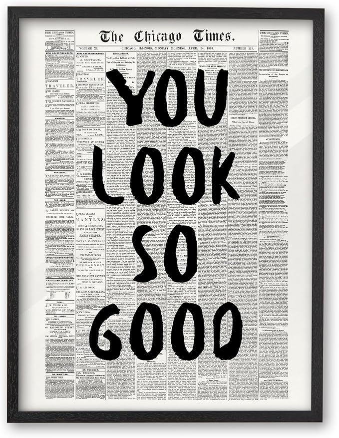 iHery 12x16in You Look So Good Framed Newspaper Wall Art | Premium Black OAK Wood Frame with Canvas Print, Vintage Newspaper Decor for Bedroom, Dorm, Vanity Room Living Room, 1Pack